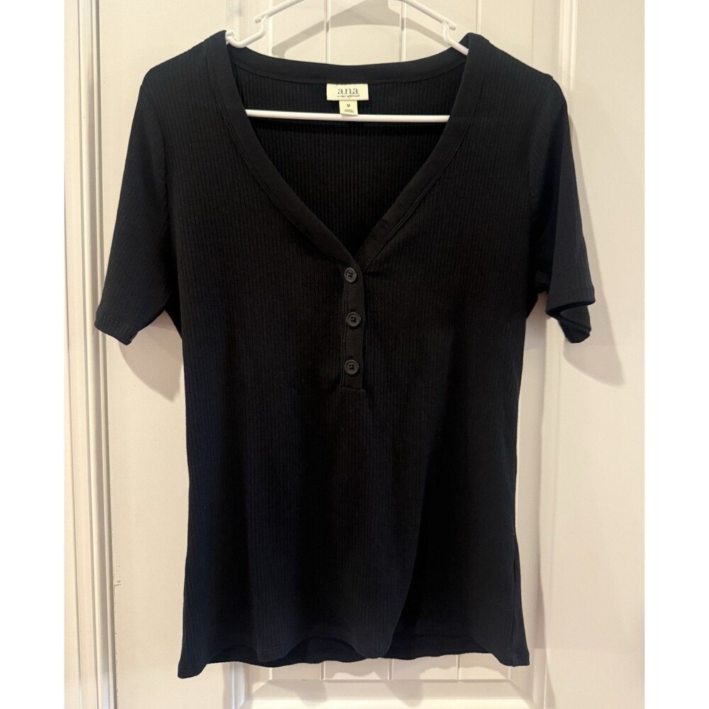 a.n.a a new approach Womens Black Ribbed Knit V-Neck‎ Henley Top Short Sleeve M